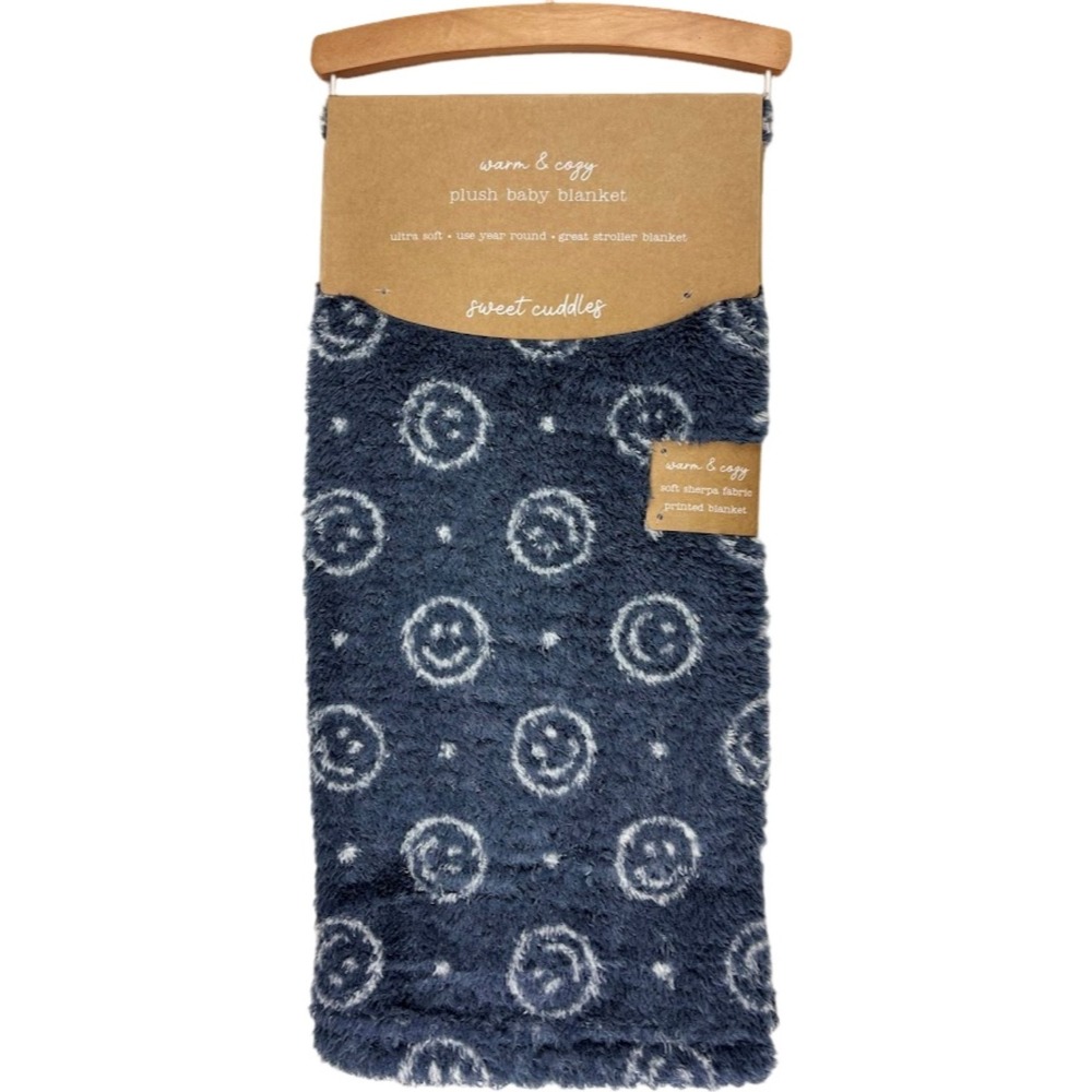 Sweet Cuddles SL Home Fashions Navy Blue White Smiley Face Baby Blanket Soft NWT